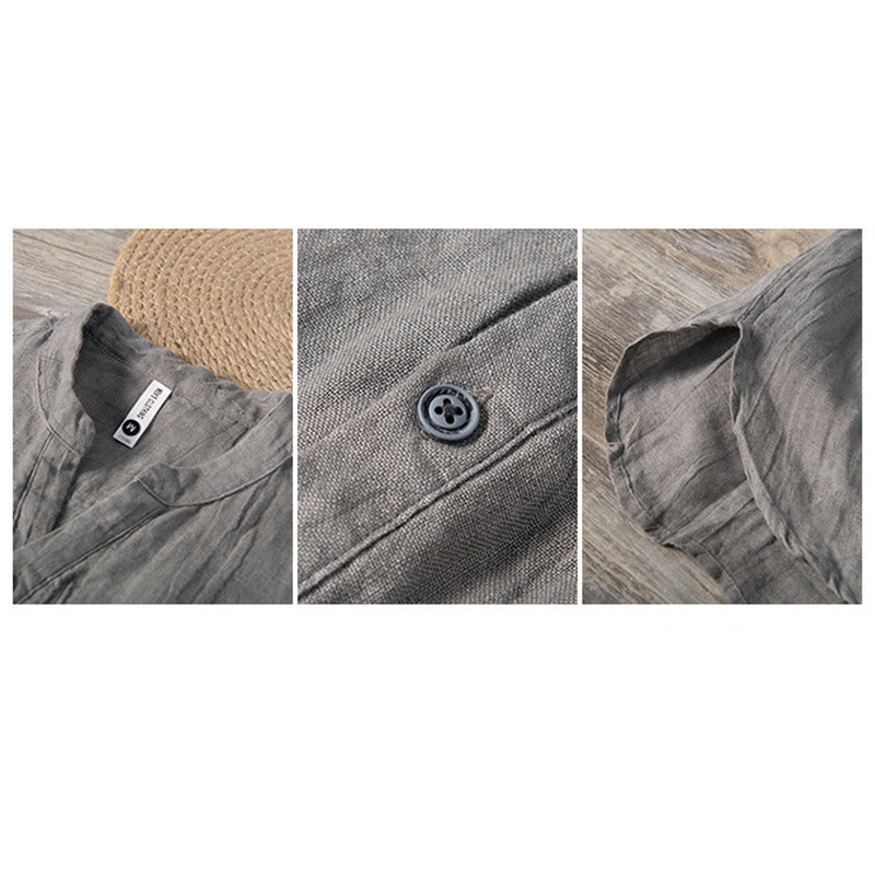 Buddha Stones Solid Color Long Sleeve Half Button Shirt Cotton Linen Men Clothing