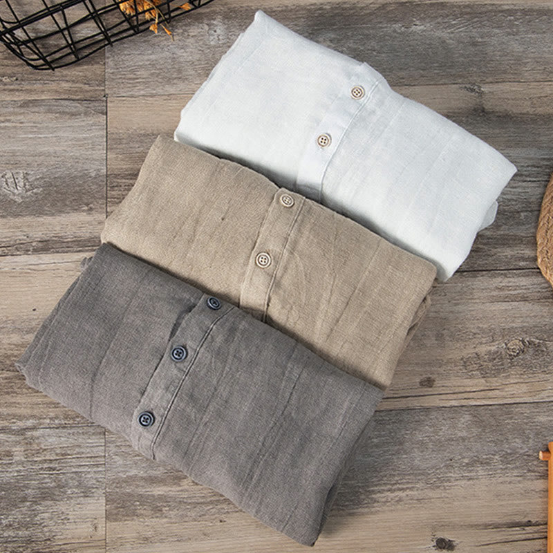 Buddha Stones Solid Color Long Sleeve Half Button Shirt Cotton Linen Men Clothing