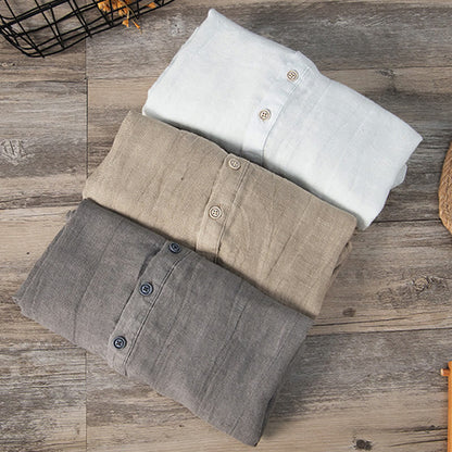 Buddha Stones Solid Color Long Sleeve Half Button Shirt Cotton Linen Men Clothing