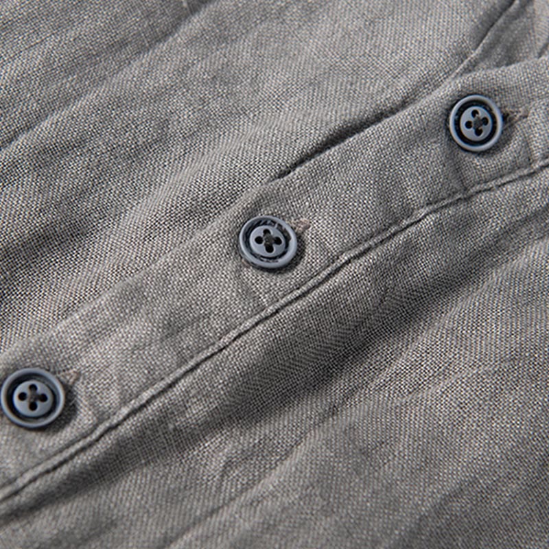 Buddha Stones Solid Color Long Sleeve Half Button Shirt Cotton Linen Men Clothing