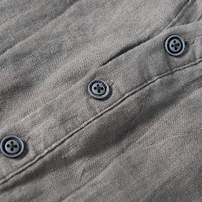 Buddha Stones Solid Color Long Sleeve Half Button Shirt Cotton Linen Men Clothing