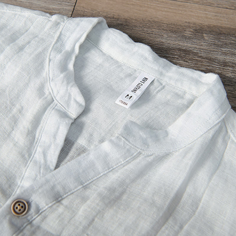 Buddha Stones Solid Color Long Sleeve Half Button Shirt Cotton Linen Men Clothing