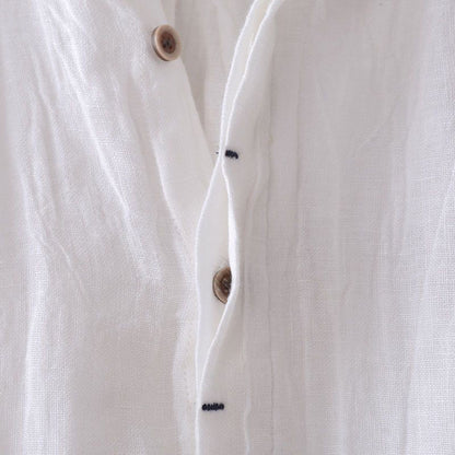 Buddha Stones Men's Shirt Solid Color Lapel Top Long Sleeve Comfy Button Crease Cotton Linen Shirt