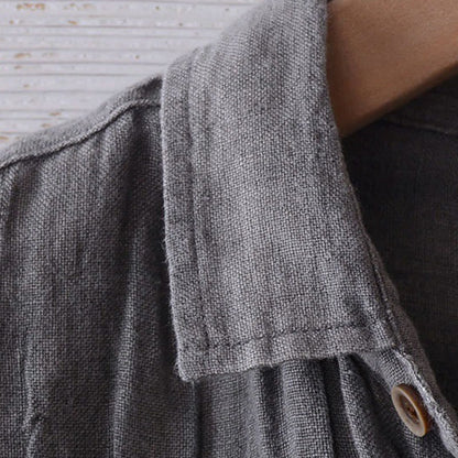 Buddha Stones Men's Shirt Solid Color Lapel Top Long Sleeve Comfy Button Crease Cotton Linen Shirt