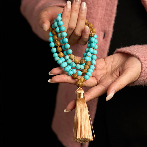 Buddhazens 108 Mala Beads Turquoise Picture Jasper Bead Tassel Balance Bracelet