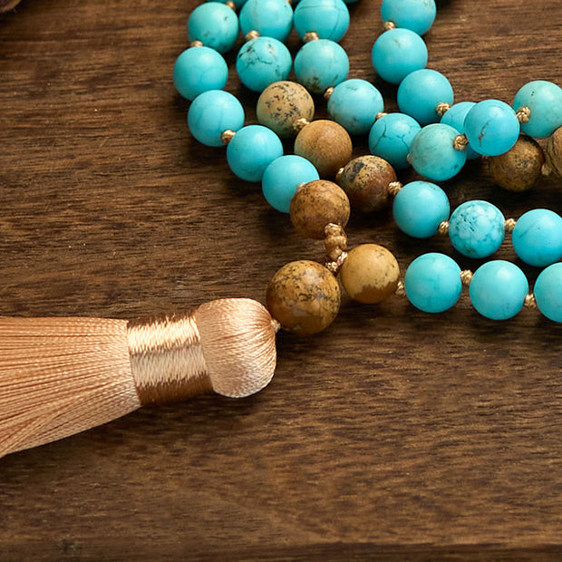Buddhazens 108 Mala Beads Turquoise Picture Jasper Bead Tassel Balance Bracelet