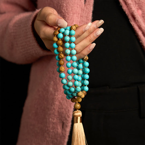 Buddhazens 108 Mala Beads Turquoise Picture Jasper Bead Tassel Balance Bracelet