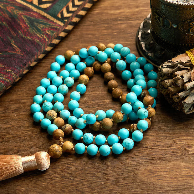 Buddhazens 108 Mala Beads Turquoise Picture Jasper Bead Tassel Balance Bracelet