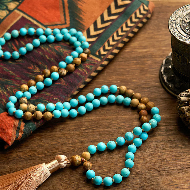 Buddhazens 108 Mala Beads Turquoise Picture Jasper Bead Tassel Balance Bracelet