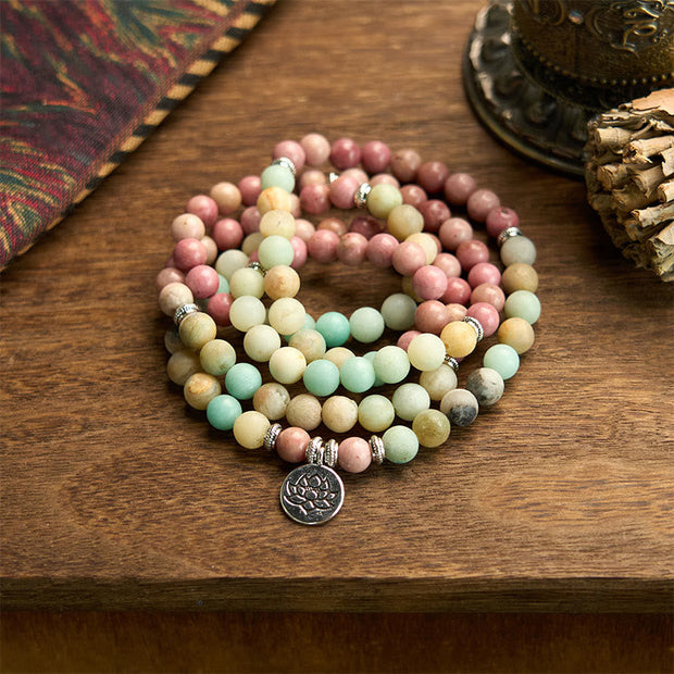 Buddhazens 108 Mala Rhodonite Amazonite Beads Lotus Compassion Bracelet