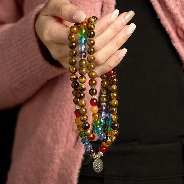 Buddhazens 108 Mala Beads Natural Stone Tiger Eye Colored Beads Lotus Protection Bracelet