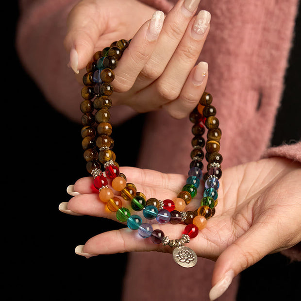 Buddhazens 108 Mala Beads Natural Stone Tiger Eye Colored Beads Lotus Protection Bracelet