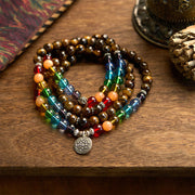 Buddhazens 108 Mala Beads Natural Stone Tiger Eye Colored Beads Lotus Protection Bracelet