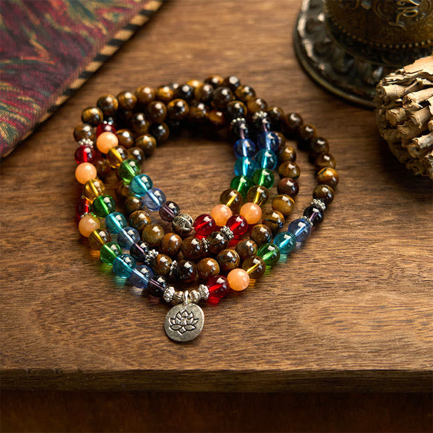 Buddhazens 108 Mala Beads Natural Stone Tiger Eye Colored Beads Lotus Protection Bracelet