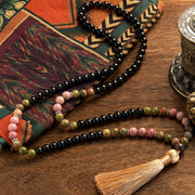 Buddhazens 108 Mala Beads Black Jasper Rhodonite Khaki Tassel Healing Bracelet