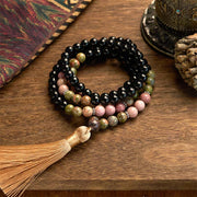 Buddhazens 108 Mala Beads Black Jasper Rhodonite Khaki Tassel Healing Bracelet
