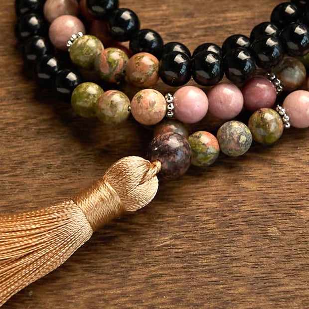 Buddhazens 108 Mala Beads Black Jasper Rhodonite Khaki Tassel Healing Bracelet