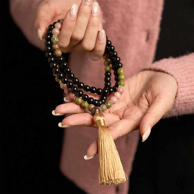 Buddhazens 108 Mala Beads Black Jasper Rhodonite Khaki Tassel Healing Bracelet