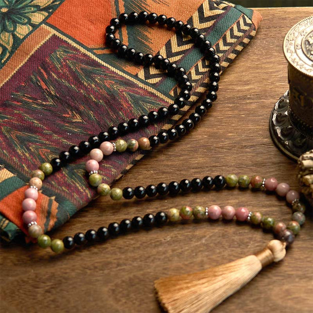 Buddhazens 108 Mala Beads Black Jasper Rhodonite Khaki Tassel Healing Bracelet
