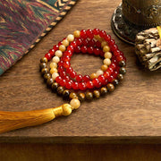 Buddhazens 108 Mala Beads Red Agate Tiger Eye Yellow Tassel Calm Bracelet