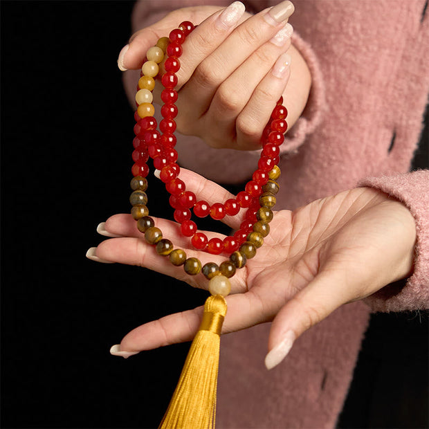 Buddhazens 108 Mala Beads Red Agate Tiger Eye Yellow Tassel Calm Bracelet