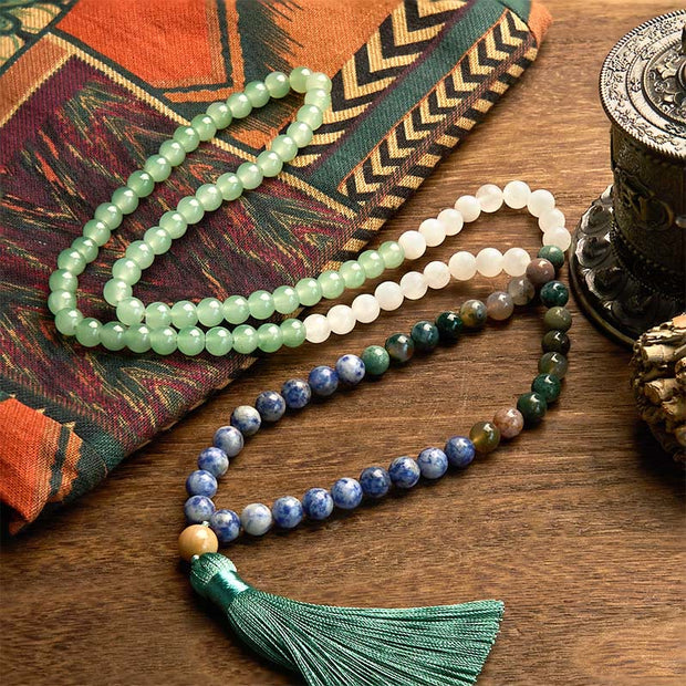 Buddhazens 108 Mala Beads Natural Green Aventurine Blue Spot Jasper Indian Agate Green Tassel Luck Bracelet