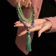 Buddhazens 108 Mala Beads Natural Green Aventurine Blue Spot Jasper Indian Agate Green Tassel Luck Bracelet