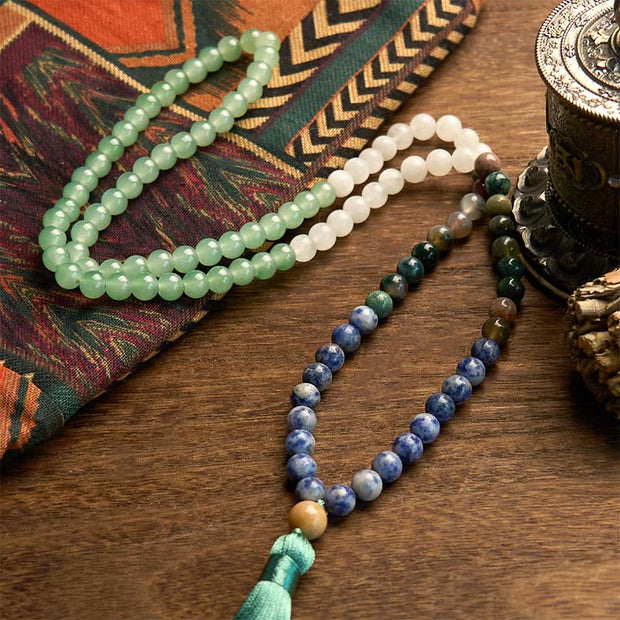 Buddhazens 108 Mala Beads Natural Green Aventurine Blue Spot Jasper Indian Agate Green Tassel Luck Bracelet