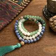 Buddhazens 108 Mala Beads Natural Green Aventurine Blue Spot Jasper Indian Agate Green Tassel Luck Bracelet