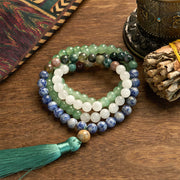 Buddhazens 108 Mala Beads Natural Green Aventurine Blue Spot Jasper Indian Agate Green Tassel Luck Bracelet
