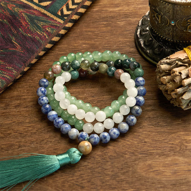Buddhazens 108 Mala Beads Natural Green Aventurine Blue Spot Jasper Indian Agate Green Tassel Luck Bracelet