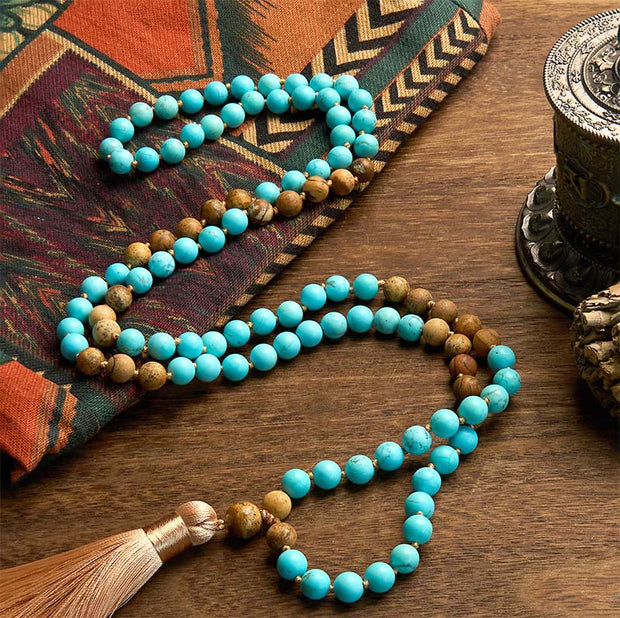Buddhazens 108 Mala Beads Turquoise Picture Jasper Bead Tassel Balance Bracelet