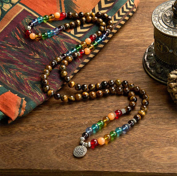 Buddhazens 108 Mala Beads Natural Stone Tiger Eye Colored Beads Lotus Protection Bracelet