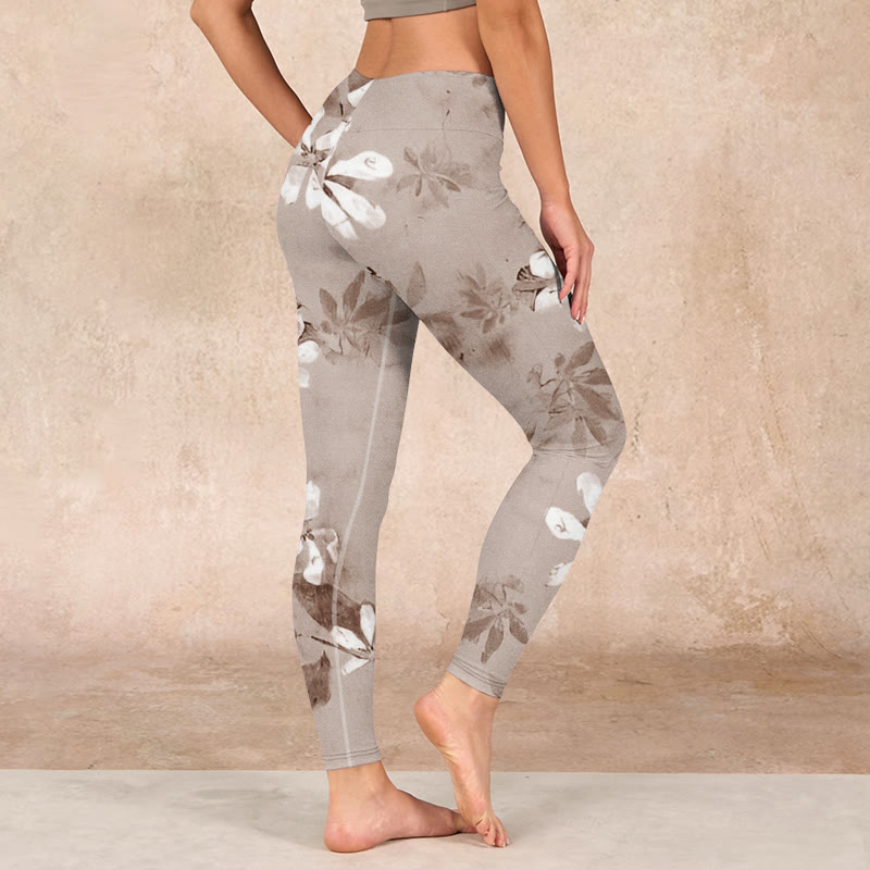 Buddha Stones White Brown Flowers Pattern Gym Leggings Women's Yoga Pants
