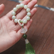 Buddhazens Green Jade Beads Pearl Prosperity Tassels Wrist Mala