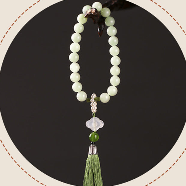 Buddhazens Green Jade Beads Pearl Prosperity Tassels Wrist Mala