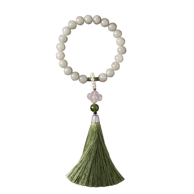 Buddhazens Green Jade Beads Pearl Prosperity Tassels Wrist Mala