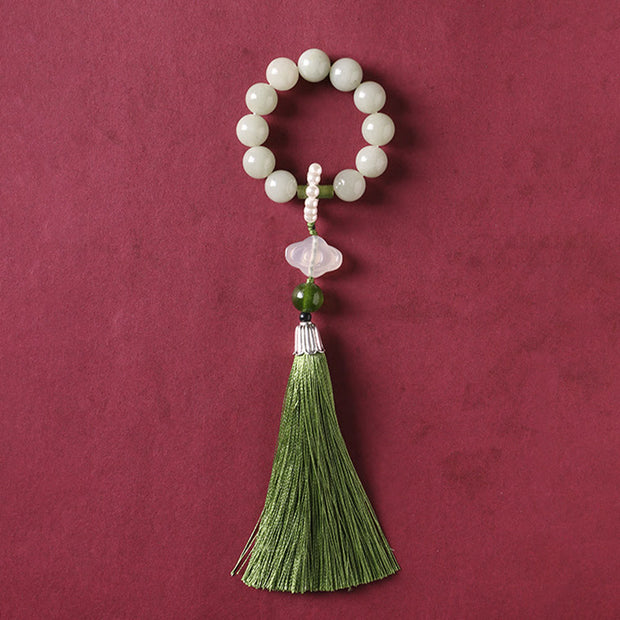 Buddhazens Green Jade Beads Pearl Prosperity Tassels Wrist Mala