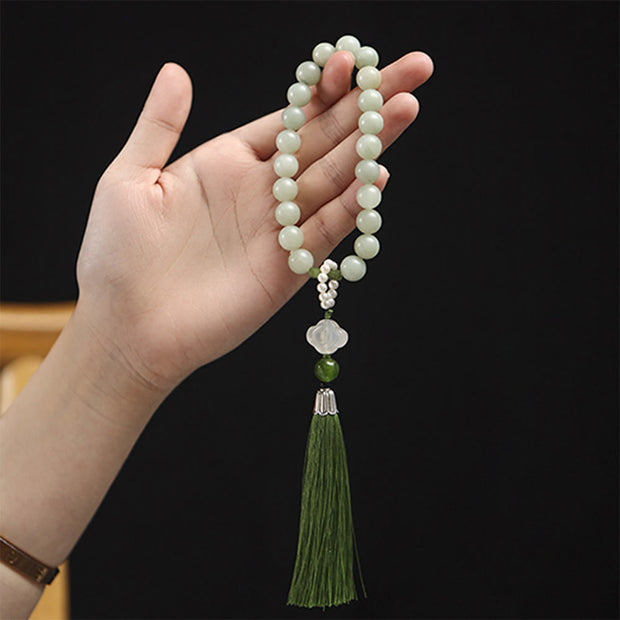 Buddhazens Green Jade Beads Pearl Prosperity Tassels Wrist Mala