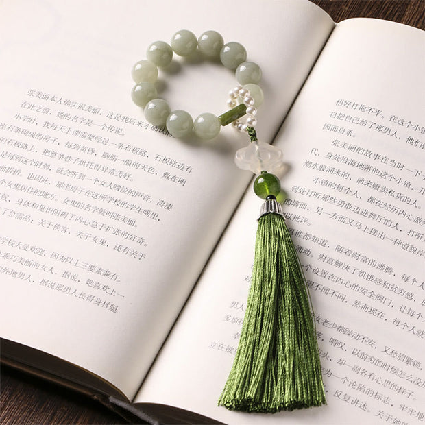 Buddhazens Green Jade Beads Pearl Prosperity Tassels Wrist Mala