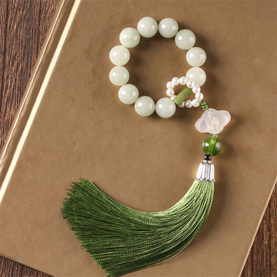 Buddhazens Green Jade Beads Pearl Prosperity Tassels Wrist Mala