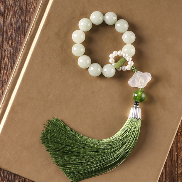 Buddhazens Green Jade Beads Pearl Prosperity Tassels Wrist Mala