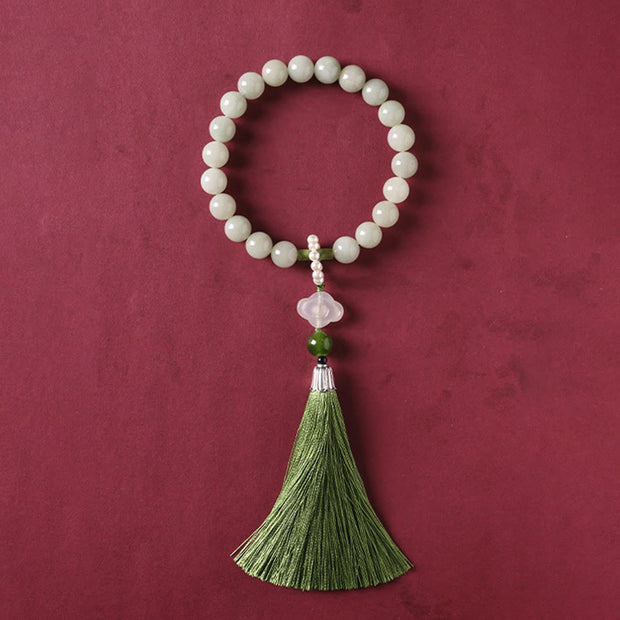 Buddhazens Green Jade Beads Pearl Prosperity Tassels Wrist Mala