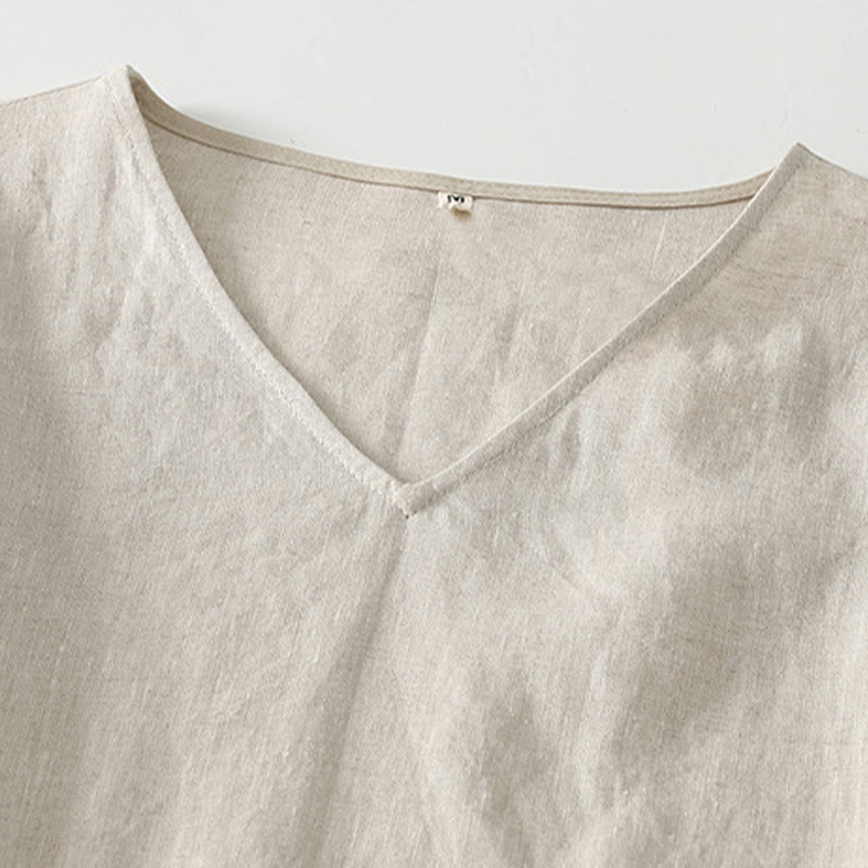 Buddha Stones Summer Casual Plain Design V-Neck Short Sleeve Cotton Linen Midi Dress With Pockets