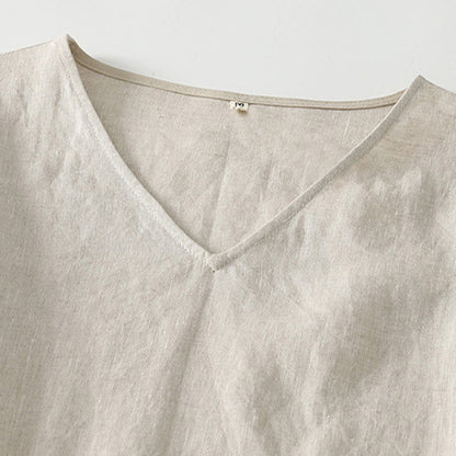 Buddha Stones Summer Casual Plain Design V-Neck Short Sleeve Cotton Linen Midi Dress With Pockets