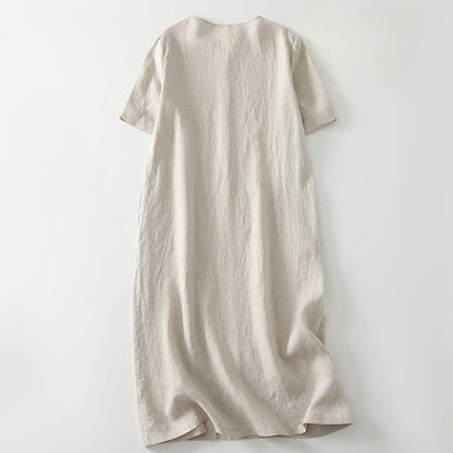 Buddha Stones Summer Casual Plain Design V-Neck Short Sleeve Cotton Linen Midi Dress With Pockets