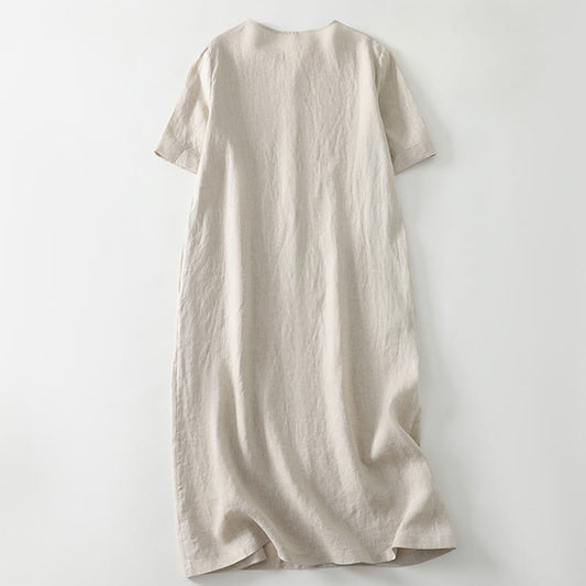 Buddha Stones Summer Casual Plain Design V-Neck Short Sleeve Cotton Linen Midi Dress With Pockets