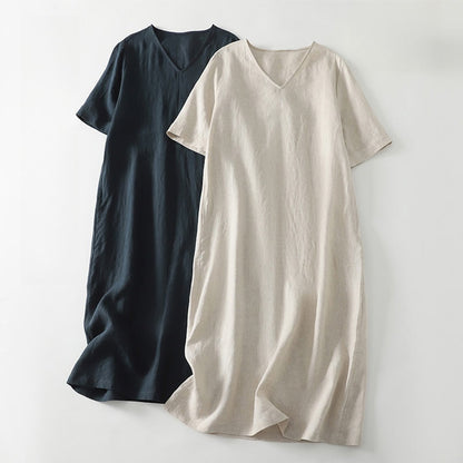 Buddha Stones Summer Casual Plain Design V-Neck Short Sleeve Cotton Linen Midi Dress With Pockets