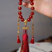 Buddhazens 18 Beads Copper Coins Tibet Tassel Red Agate Calm Wrist Mala