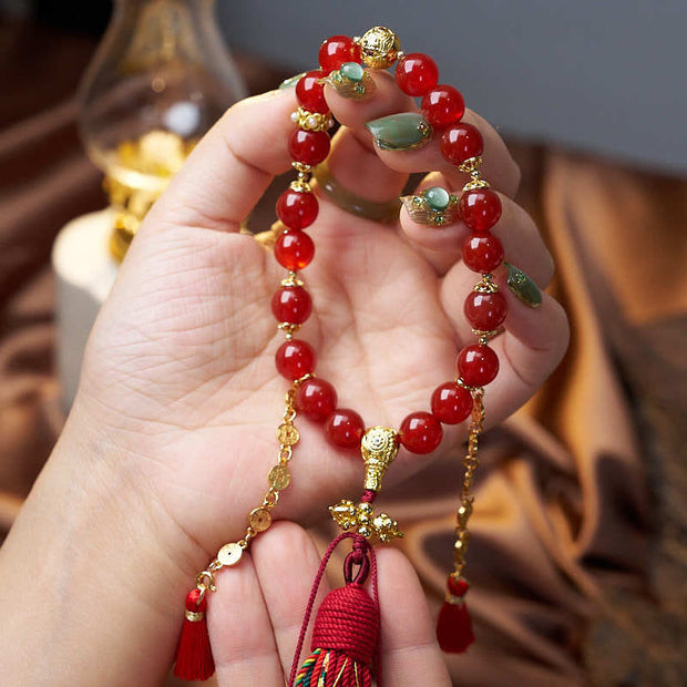 Buddhazens 18 Beads Copper Coins Tibet Tassel Red Agate Calm Wrist Mala